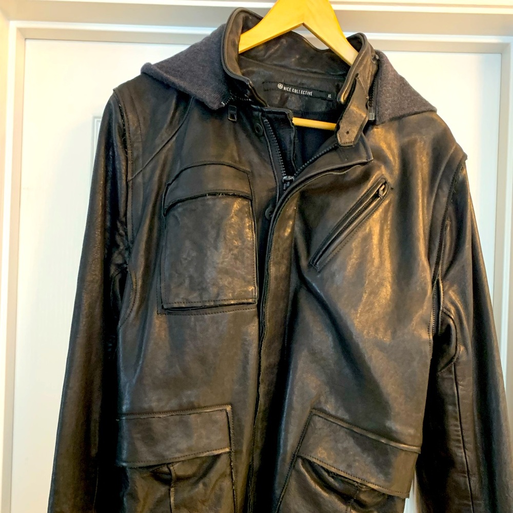 Nice Collective Leather Wool Motorcycle jacket with removable sleeves, XL Black